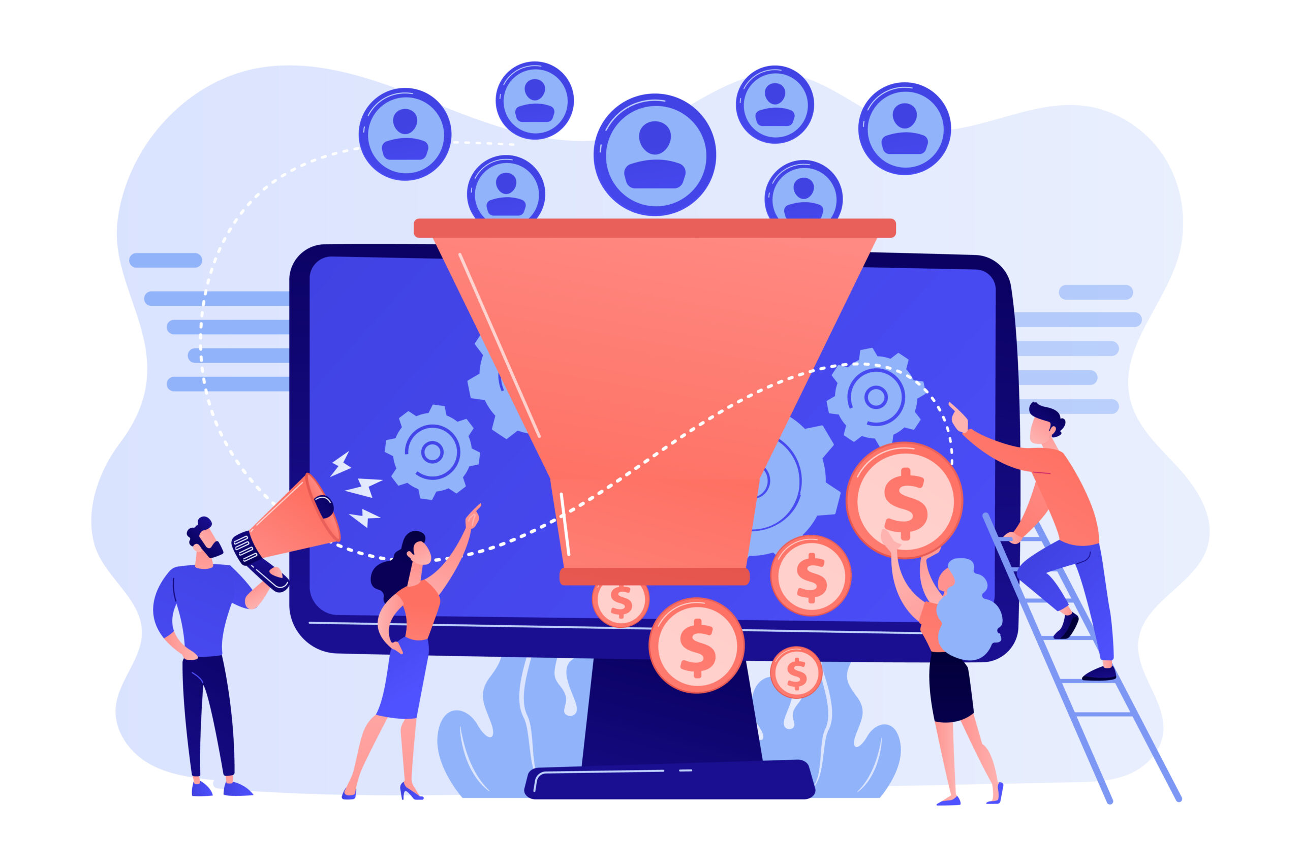 Monetization tips. Increasing conversion rates strategy. Attracting followers. Generating new leads, identify your customers, SMM strategies concept. Pink coral blue vector isolated illustration